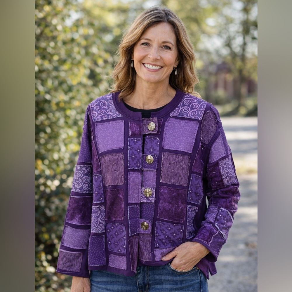 Patchwork colorblock sweater jacket blazer medium purple floral scroll button up